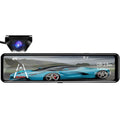 4K Mirror Dash Cam screen displaying a sports car scene with date, time and 4K resolution overlay, alongside the separate rear camera unit