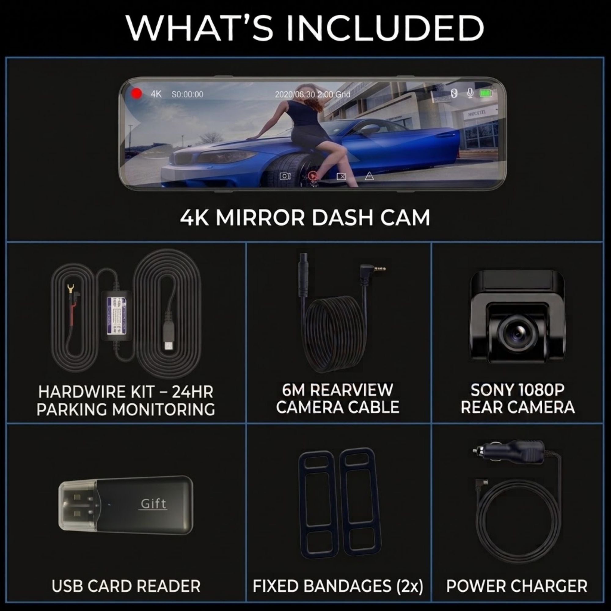 4K Mirror Dash Cam what's included packing list: mirror dash cam, hardwire kit, 6 metre rearview camera cable, Sony 1080P rear camera, USB card reader, fixed bandages and power charger