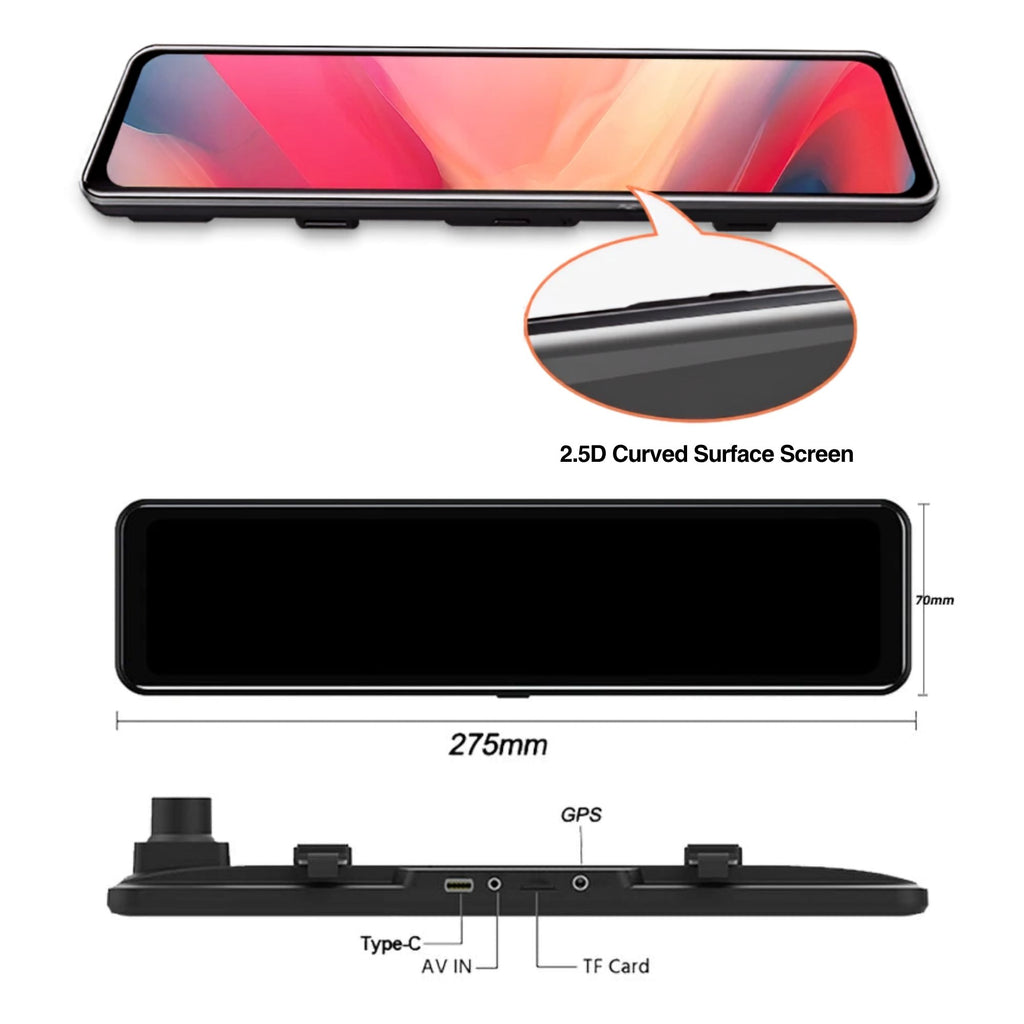 4K Mirror Dash Cam product shot highlighting the 2.5D curved surface screen, with a 275mm dimension schematic and port layout showing GPS, Type-C and TF card slots
