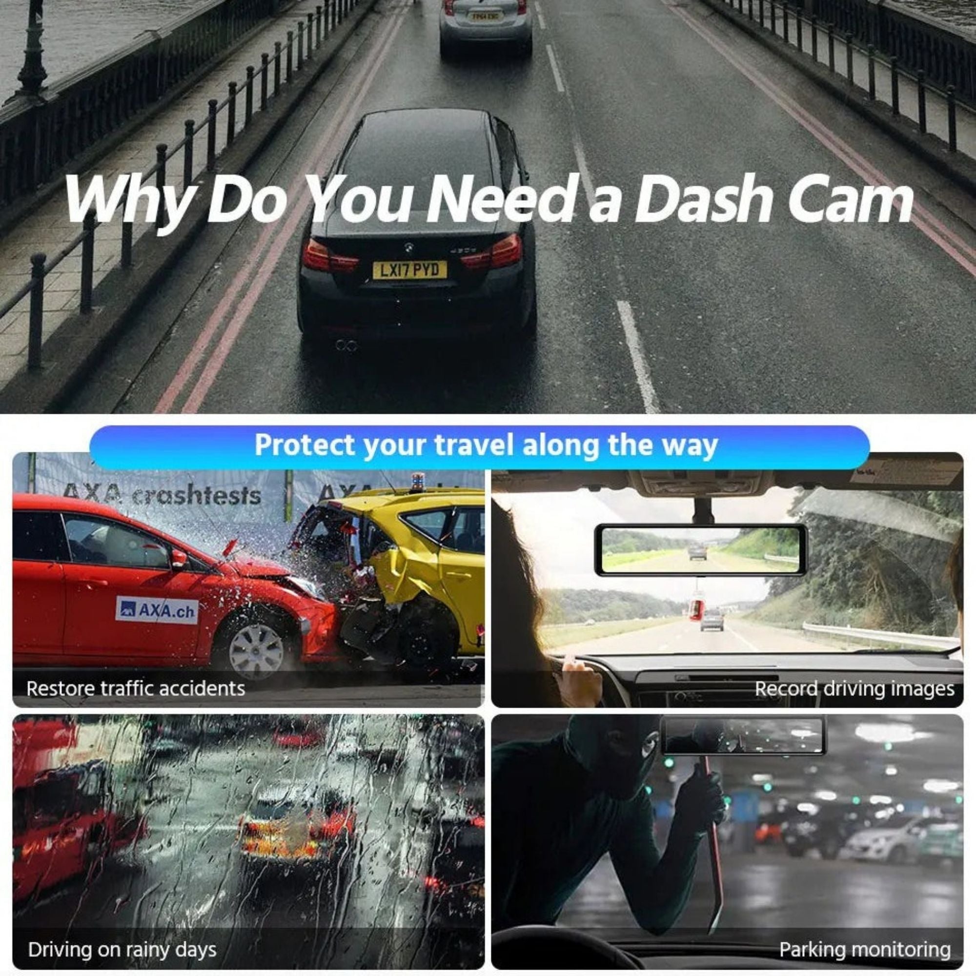Promotional collage for a dash cam, with a main top panel showing a black car on a wet road and the text 'Why Do You Need a Dash Cam,' plus four smaller demonstration panels below showing crash protection, driving footage, rain conditions, and parking monitoring.