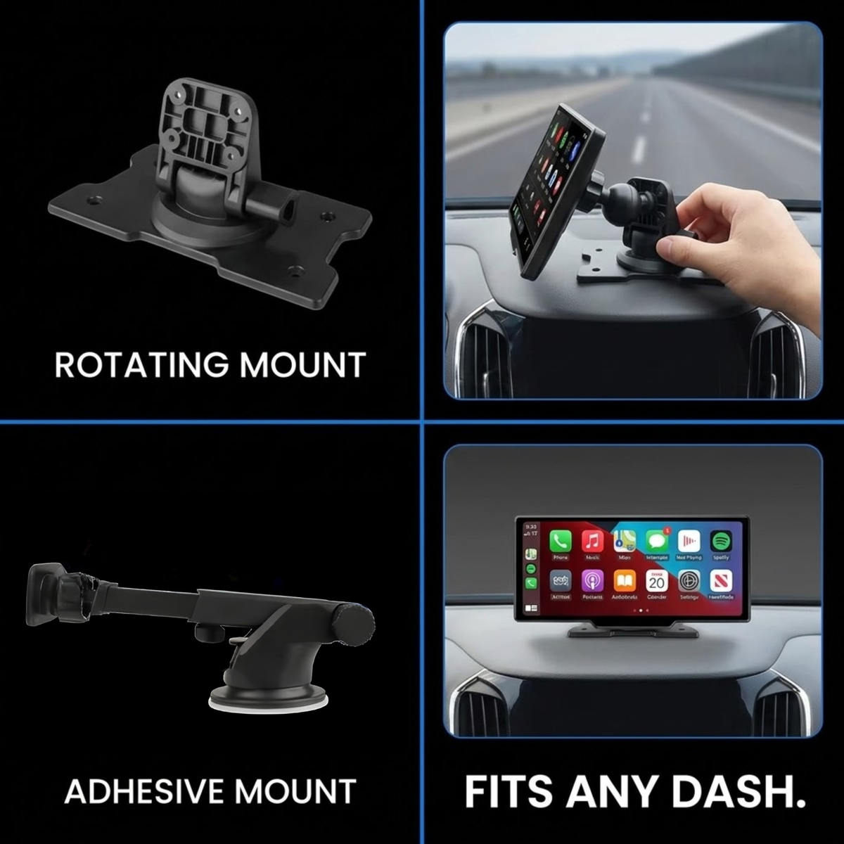 A four-panel product demonstration showing a black car windshield mount in use. The top-left panel shows the mount rotated 90 degrees and labeled 'ROTATING MOUNT.
