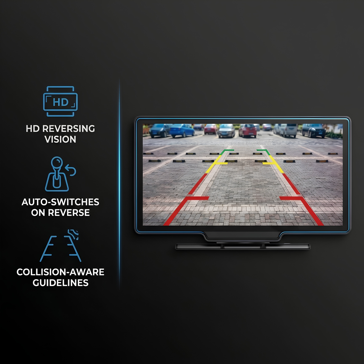 A rear-view monitor with a black stand on a dark background, showing a parking-lot scene with red, yellow, and green reversing guidelines. Left-side text highlights HD reversing vision, auto-switches on reverse, and collision-aware guidelines.