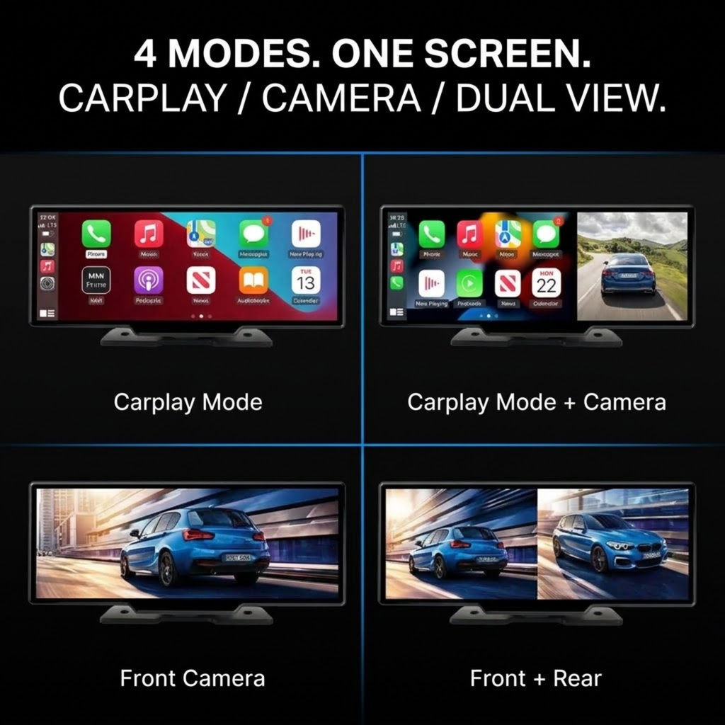 A promotional graphic showing four screen modes for a car display: Carplay Mode, Carplay Mode + Camera, Front Camera, and Front + Rear. The top text reads '4 MODES.