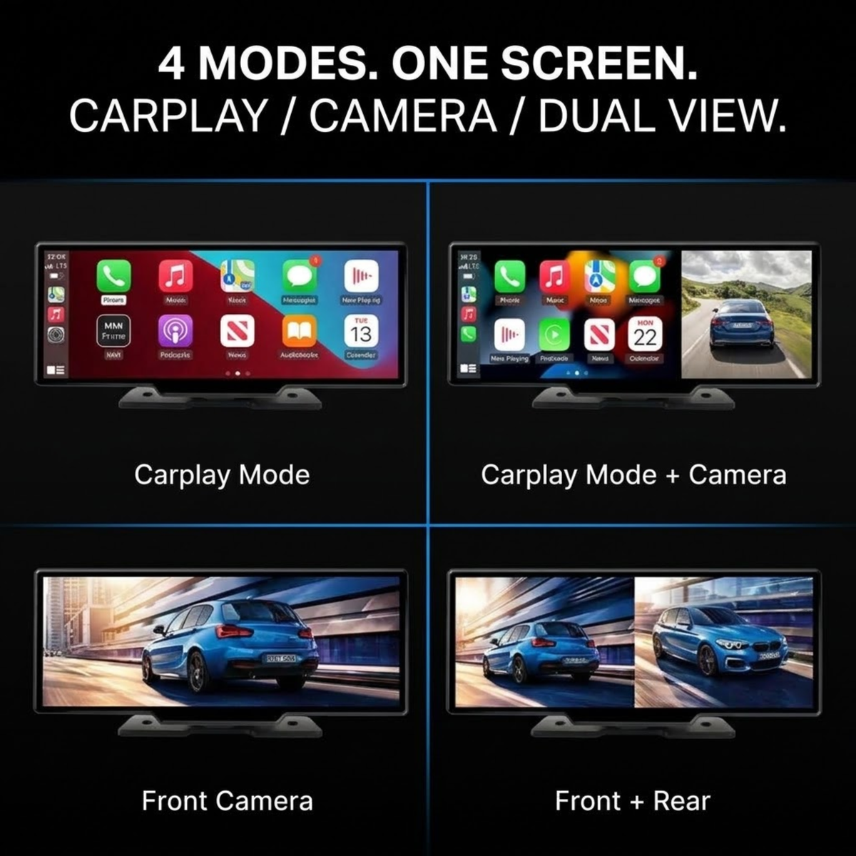 A promotional graphic showing four screen modes for a car display: Carplay Mode, Carplay Mode + Camera, Front Camera, and Front + Rear. The top text reads '4 MODES.