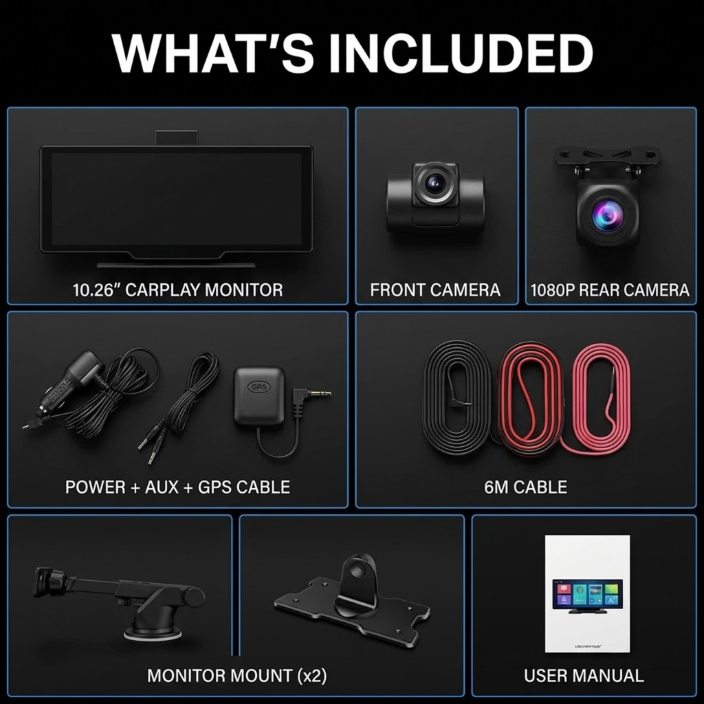 A product inclusion graphic on a black background with the heading 'WHAT'S INCLUDED' and six labeled panels showing a 10.26" carplay monitor, front camera, rear camera, power and aux cable, GPS cable, monitor mount, and user manual.