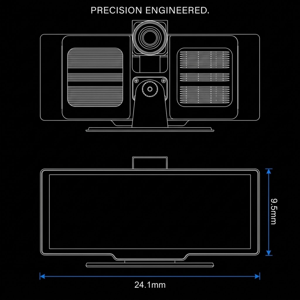Technical dimension diagram of a monitor or display device on a black background, showing front and back line drawings with measurements labeled 24.1mm and 9.