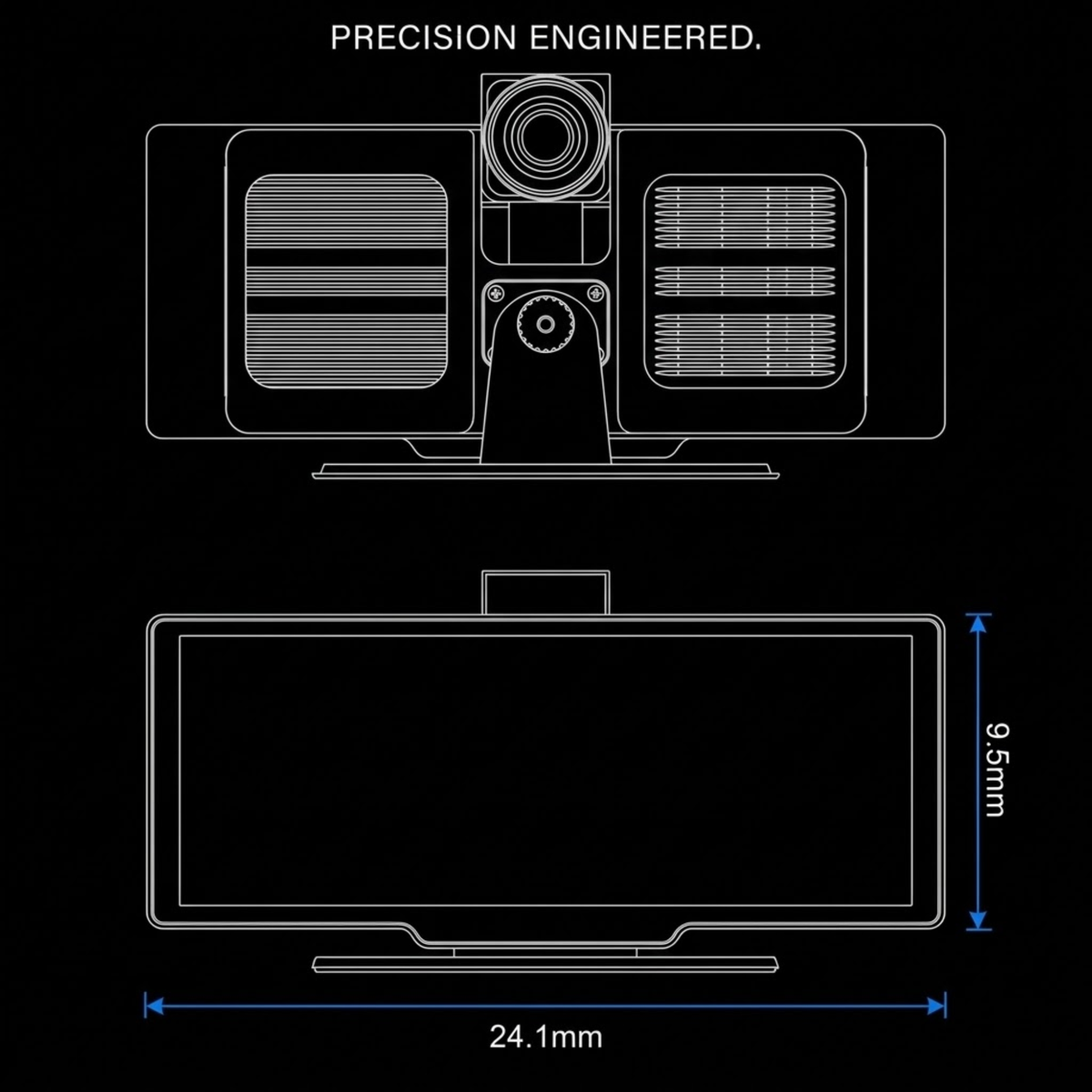 Technical dimension diagram of a monitor or display device on a black background, showing front and back line drawings with measurements labeled 24.1mm and 9.