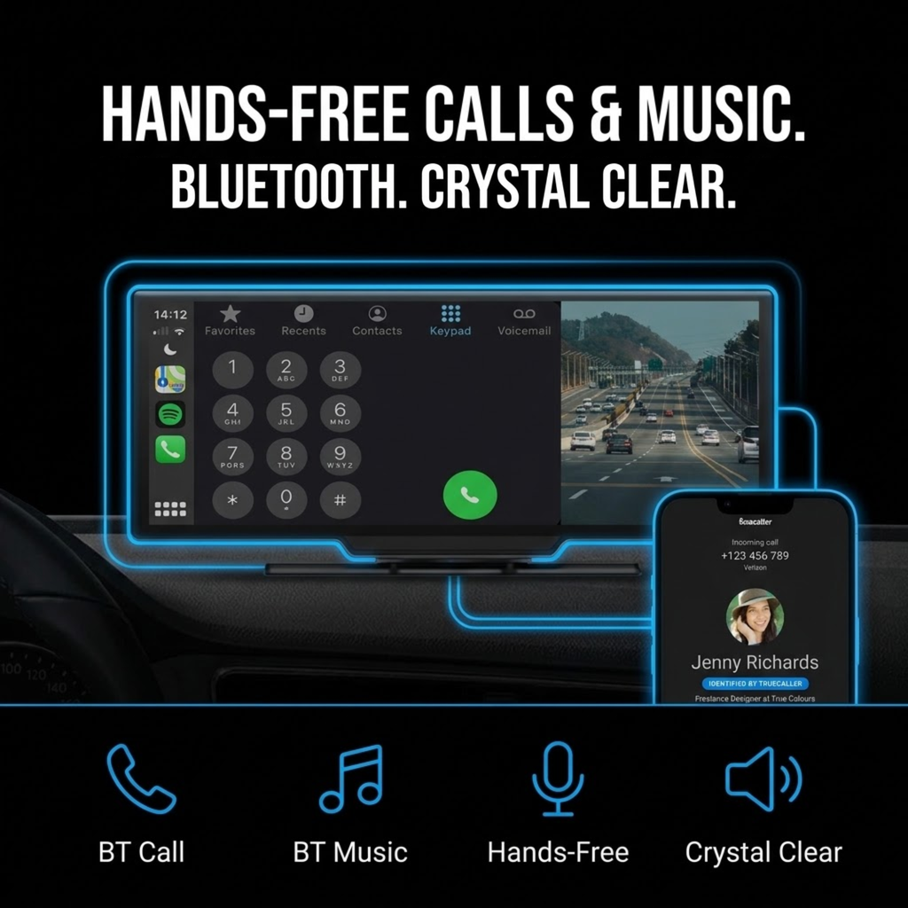 A car stereo touchscreen display shown mounted in a dashboard, with a smartphone app screen beside it and large marketing text reading 'HANDS-FREE CALLS & MUSIC. BLUETOOTH.