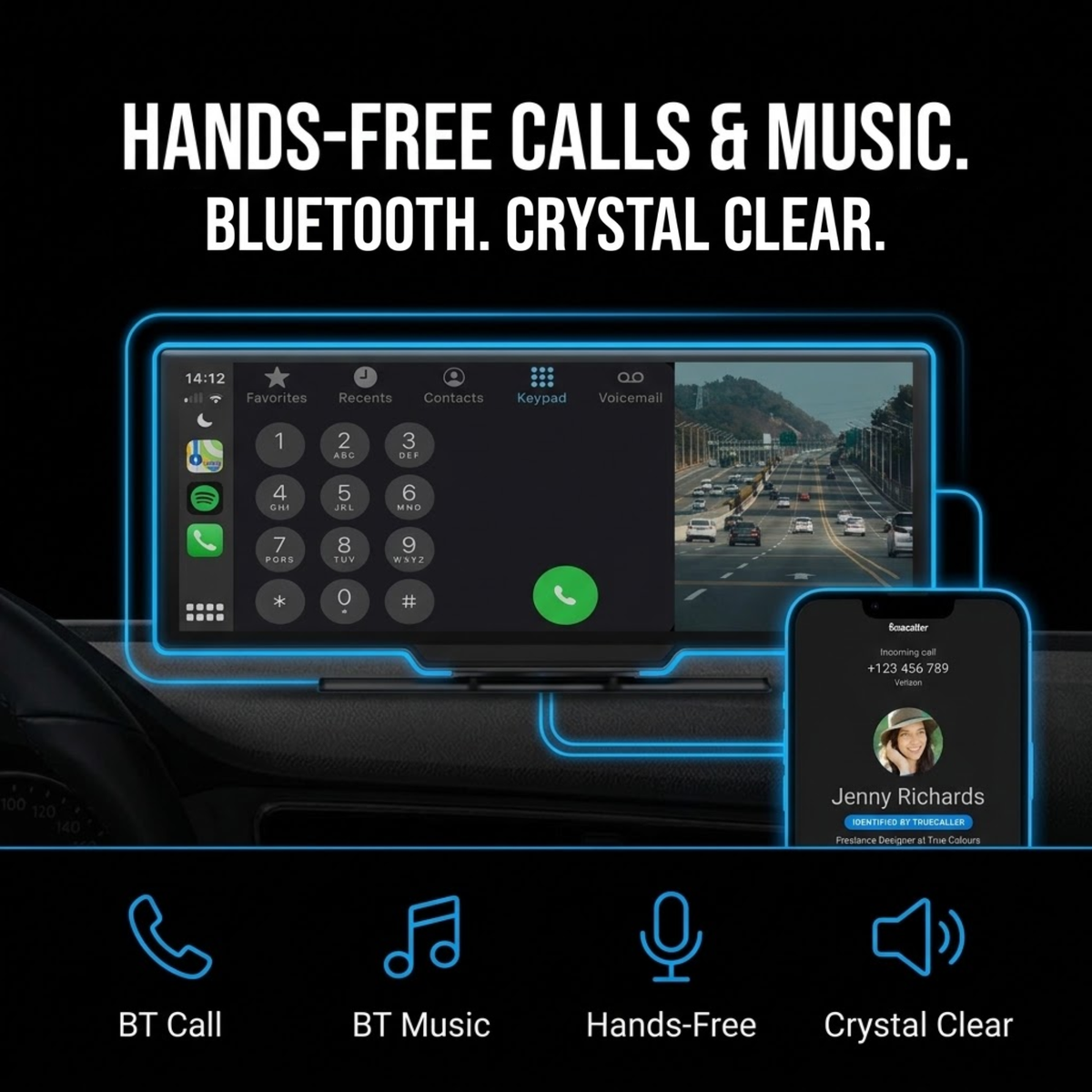 A car stereo touchscreen display shown mounted in a dashboard, with a smartphone app screen beside it and large marketing text reading 'HANDS-FREE CALLS & MUSIC. BLUETOOTH.