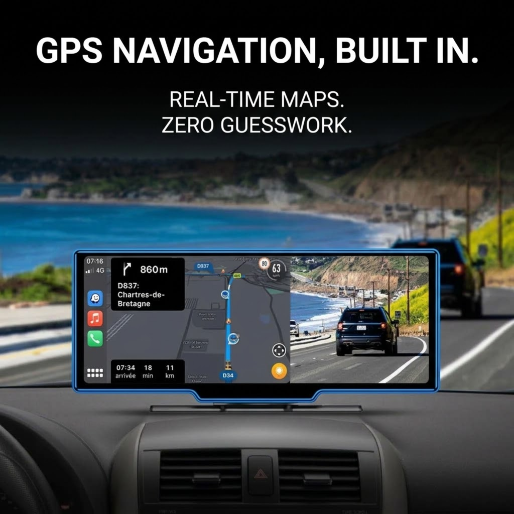 A car dashboard display showing a GPS navigation screen with real-time maps and a side road view, set inside a vehicle with the text 'GPS NAVIGATION, BUILT IN. REAL-TIME MAPS.