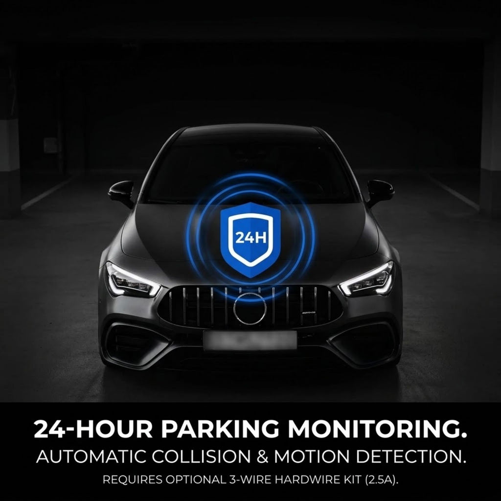 A black car shown from the front in a dark parking garage setting, with a glowing blue 24-hour shield icon overlaid on the hood. Text at the bottom reads: '24-HOUR PARKING MONITORING.