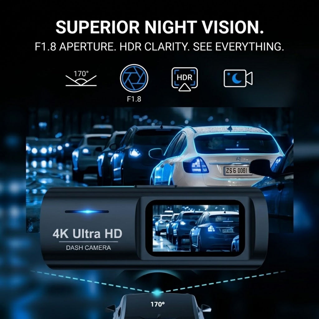 A 4K ultra HD dash camera shown in a black housing with a screen displaying a night-time car scene. The image includes marketing text and icons highlighting superior night vision, F1.