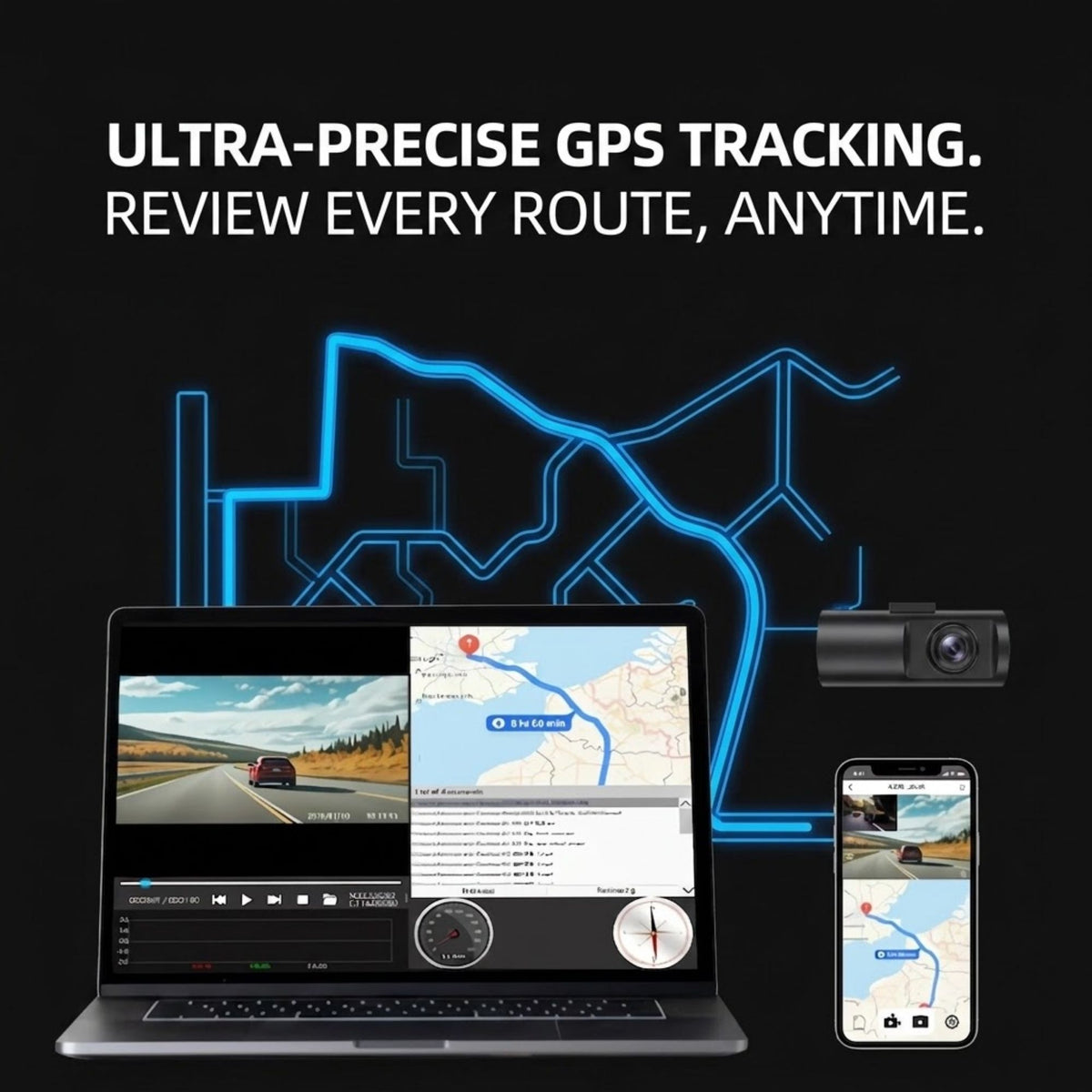 Ultra-precise GPS tracking device shown with a laptop, smartphone, and dash cam on a black background, with blue route lines and the text 'ULTRA-PRECISE GPS TRACKING. REVIEW EVERY ROUTE, ANYTIME.
