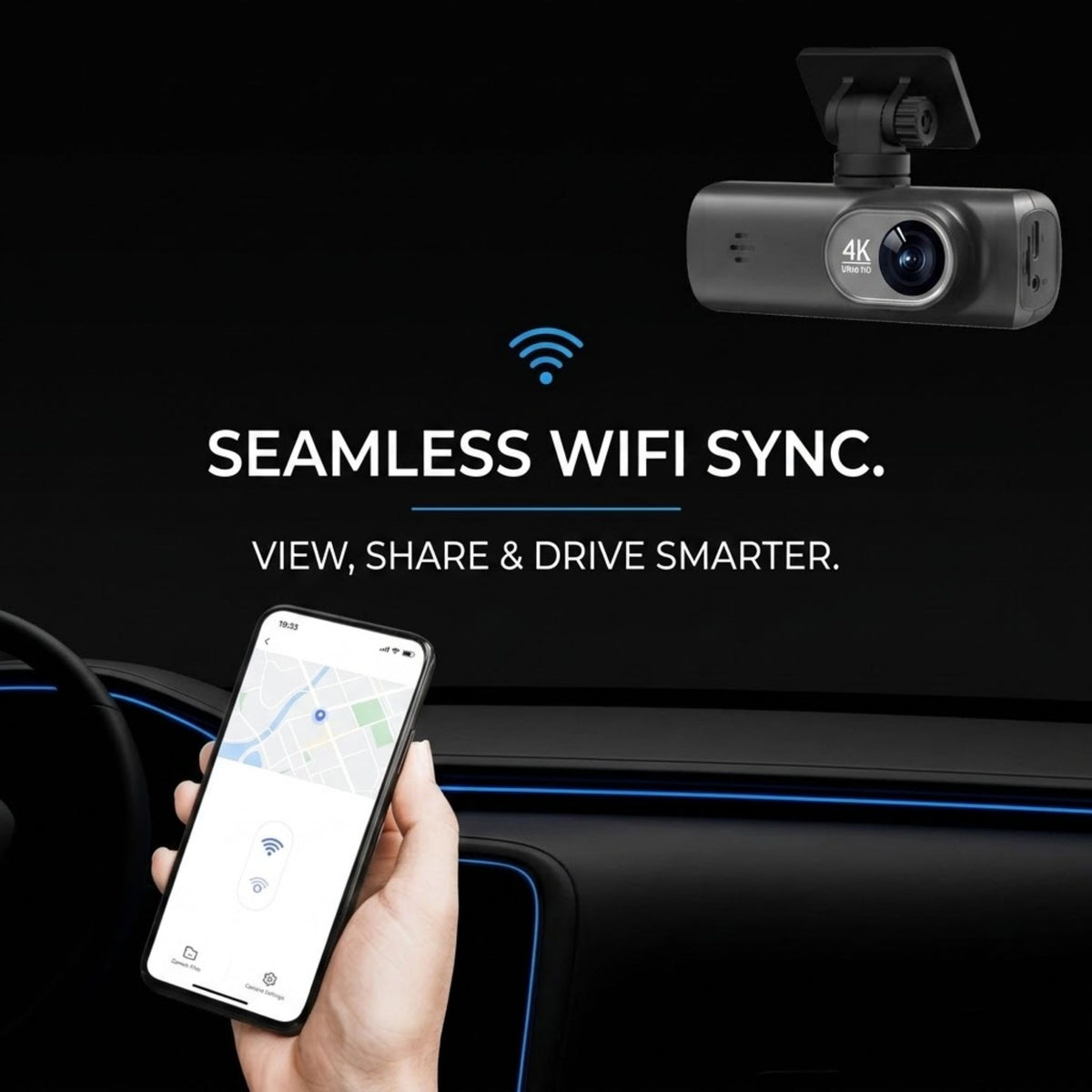 A black 4K dash cam shown mounted above a car interior, with a hand holding a smartphone displaying a companion app screen. Text reads 'SEAMLESS WIFI SYNC.