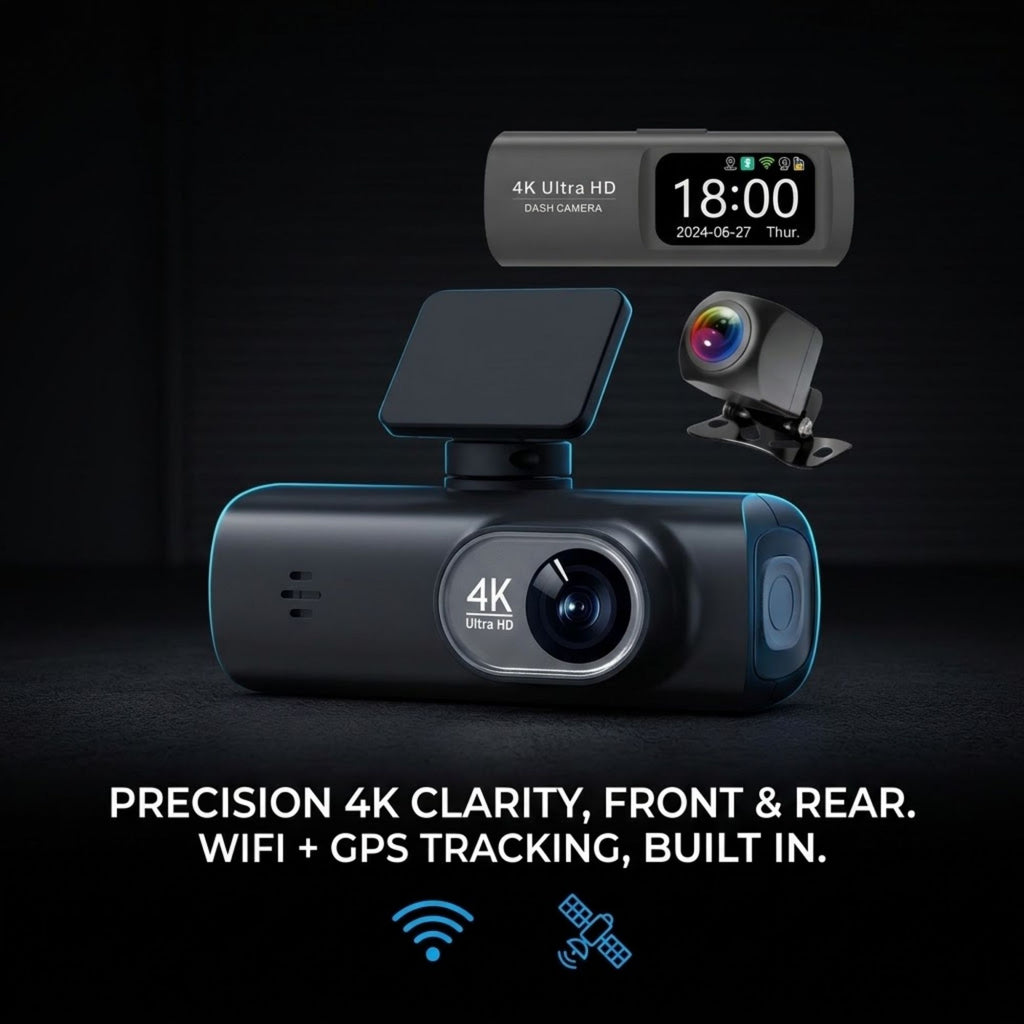 Black 4K Ultra HD dash camera with a rear view inset and marketing text for front and rear precision clarity, WiFi, and GPS tracking on a dark background.