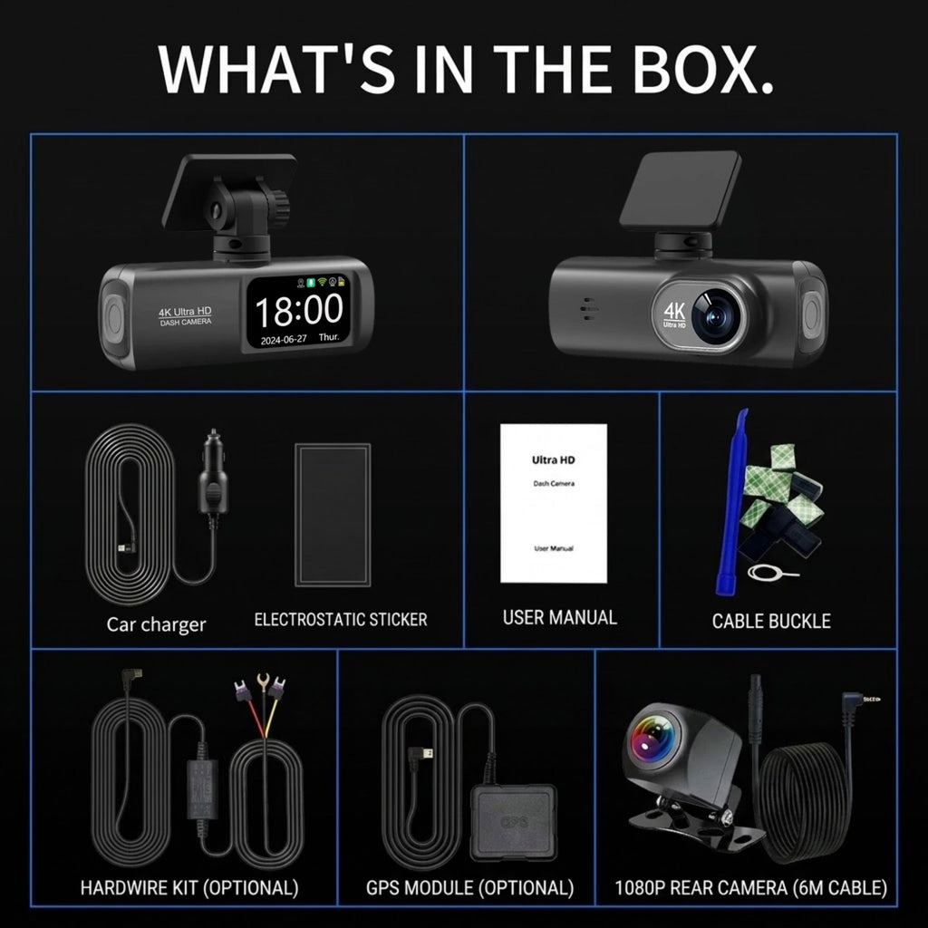 An informational collage titled 'WHAT'S IN THE BOX.' on a black background showing included items for a dash camera kit: two dash camera views, a car charger, an electrostatic sticker, a user manual, a cable buckle, a rear camera with cable, a GPS module, and an optional hardware kit.