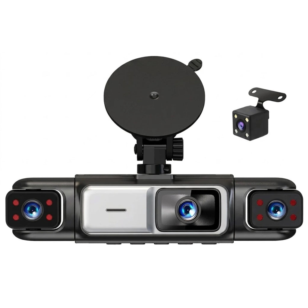 A 3-camera car dashcam with a black circular suction mount and a small black rear-view backup camera, shown on a solid white background.