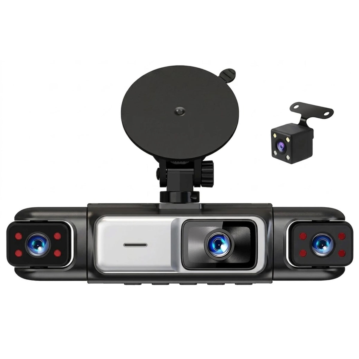 A 3-camera car dashcam with a black circular suction mount and a small black rear-view backup camera, shown on a solid white background.