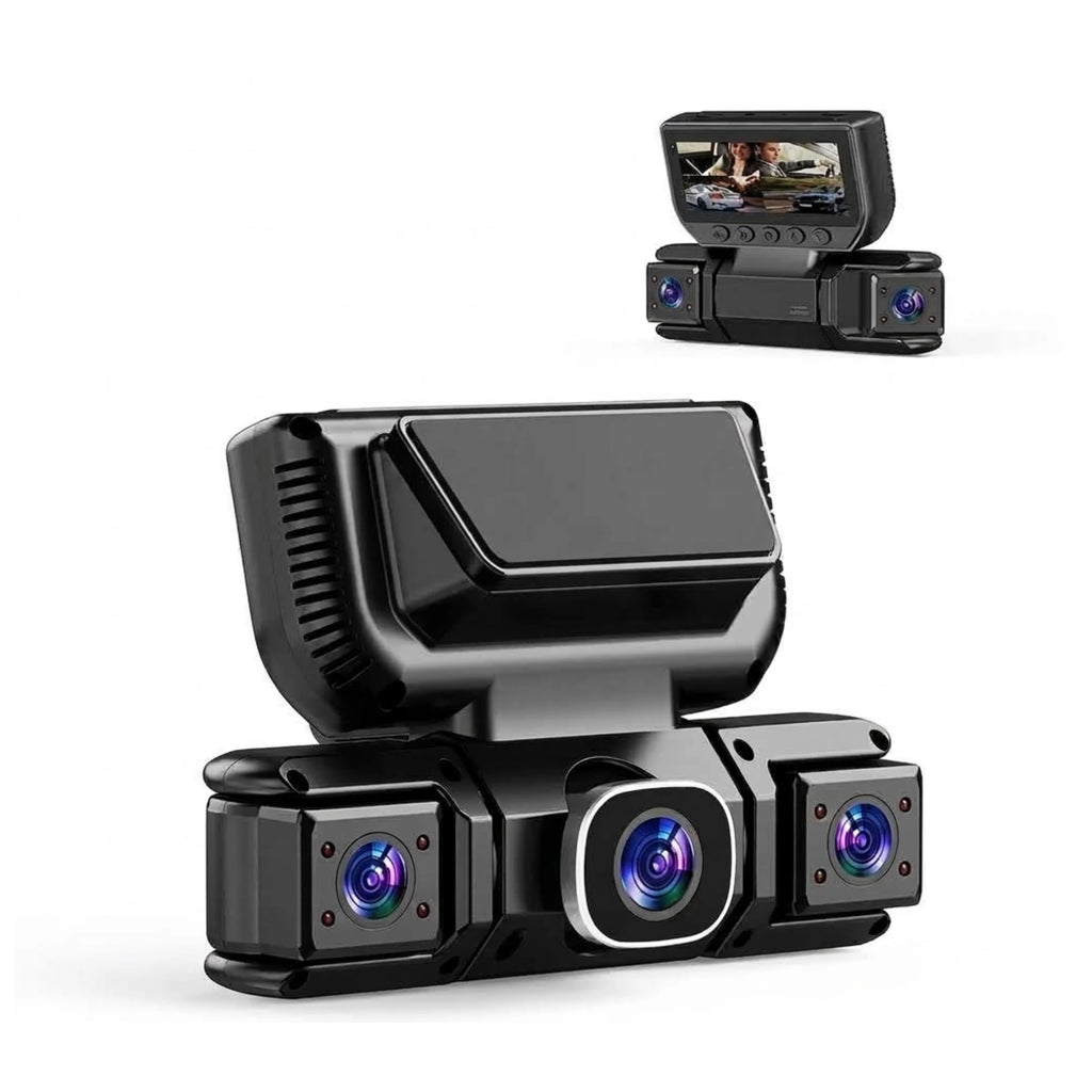 4-Channel Dash Cam with front, cabin and side camera lenses on a white background, plus windscreen-mounted display inset