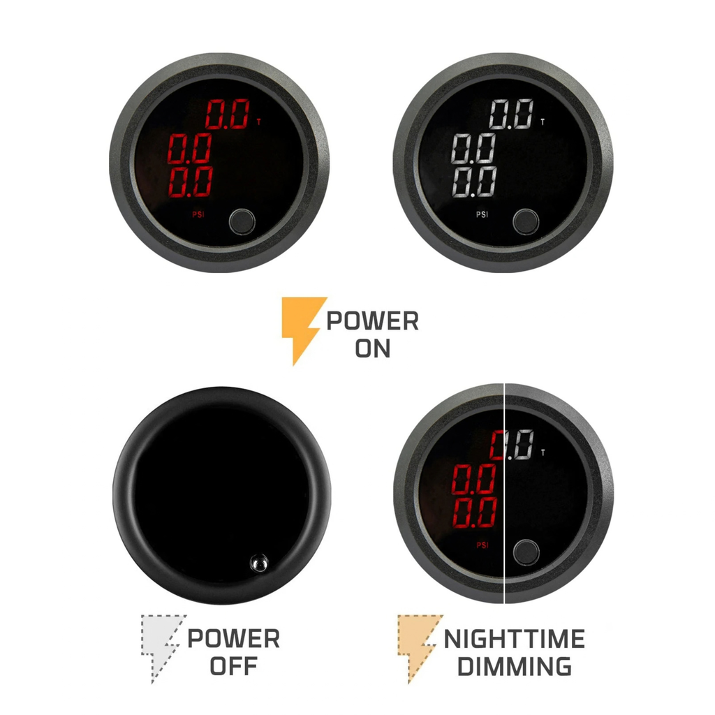 5-Channel Air Suspension Gauge in red and white display colours showing power on, power off and night-time dimming modes