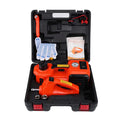 Open storage case displaying the complete 12V 5-tonne electric hydraulic car jack and impact wrench kit.
