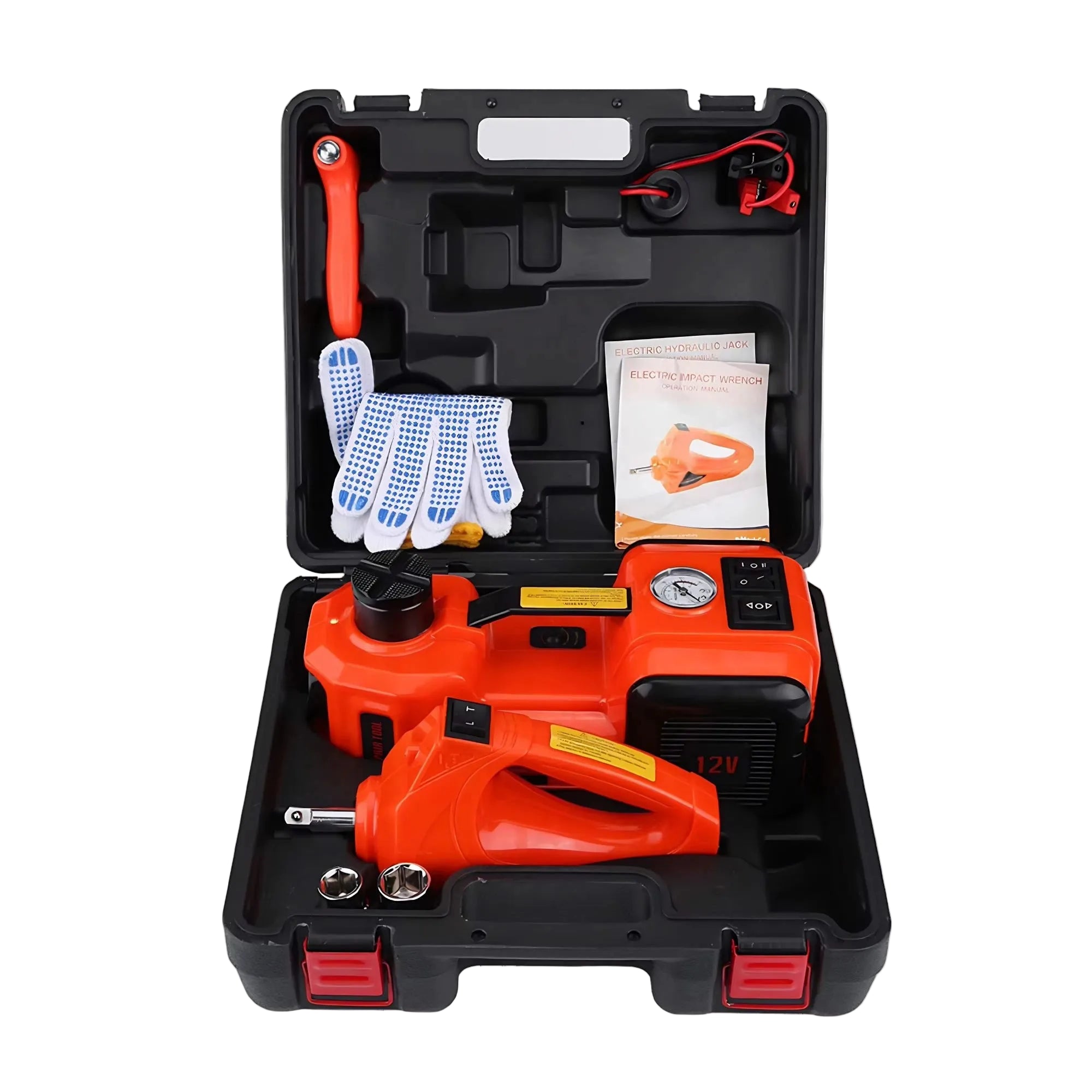 Open storage case displaying the complete 12V 5-tonne electric hydraulic car jack and impact wrench kit.