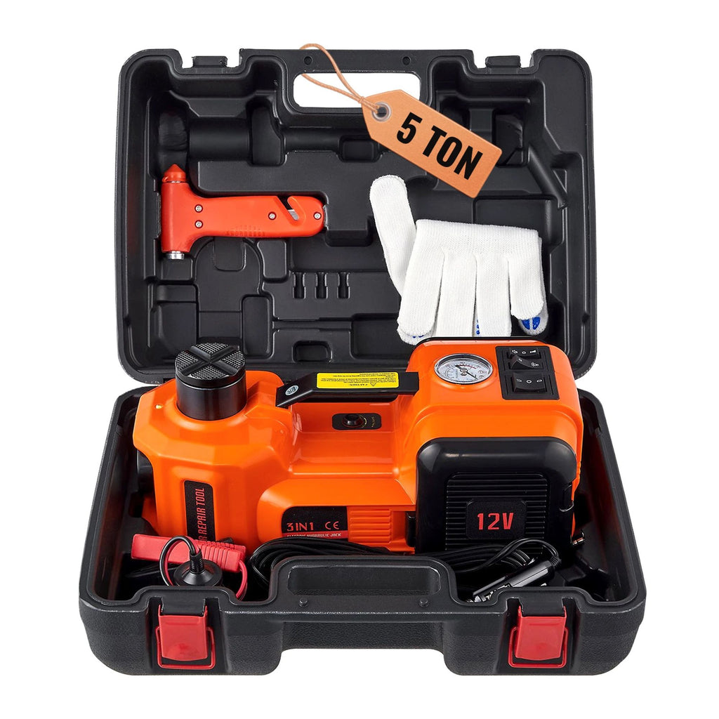 Orange 5-tonne electric hydraulic car jack and portable floor lift kit displayed inside a black storage case with a safety hammer and work gloves.