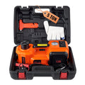 Orange 5-tonne electric hydraulic car jack and portable floor lift kit displayed inside a black storage case with a safety hammer and work gloves.