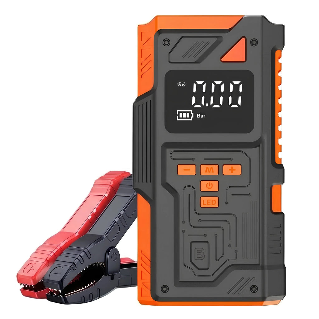 5000A Jump Starter & Inflator in orange and black with digital display and red and black jumper clamps