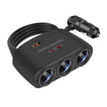 Multi-Port Car Charger Hub with 3 cigarette lighter sockets and USB fast charging ports on a white background