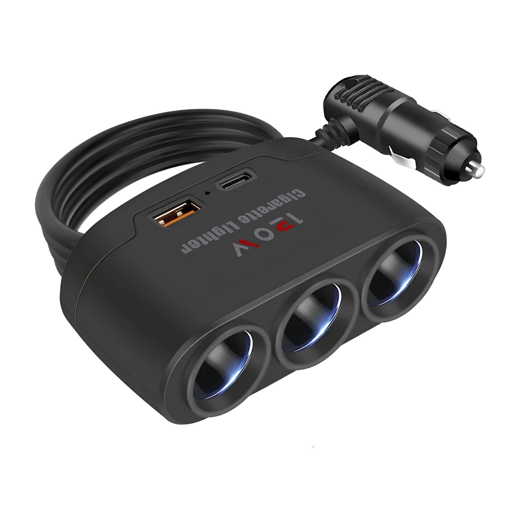 Multi-Port Car Charger Hub with 3 cigarette lighter sockets and USB fast charging ports on a white background