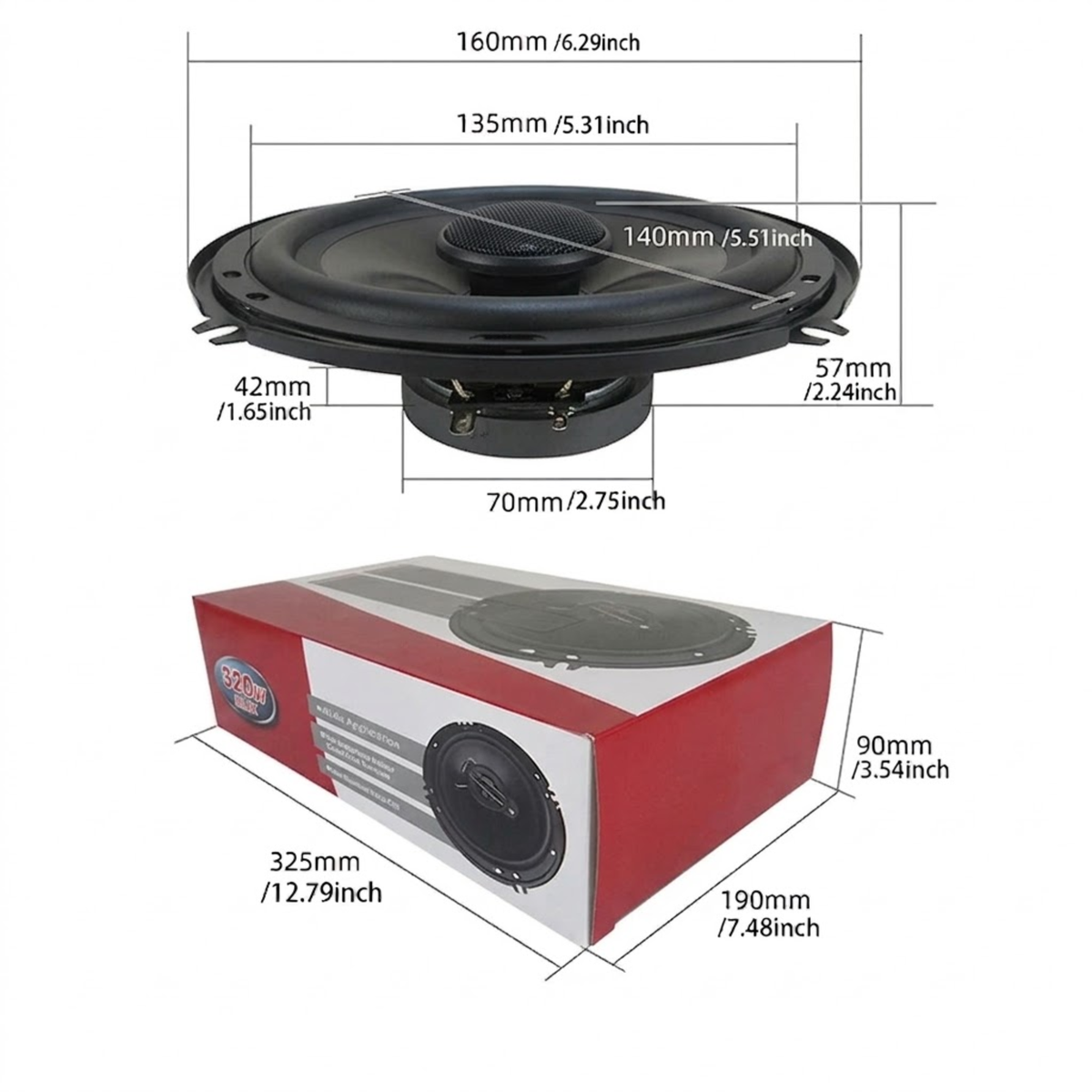 6-Inch 3-Way Coaxial Speakers dimension diagram showing 160 mm diameter, 57 mm height and 325 x 190 x 90 mm packaging