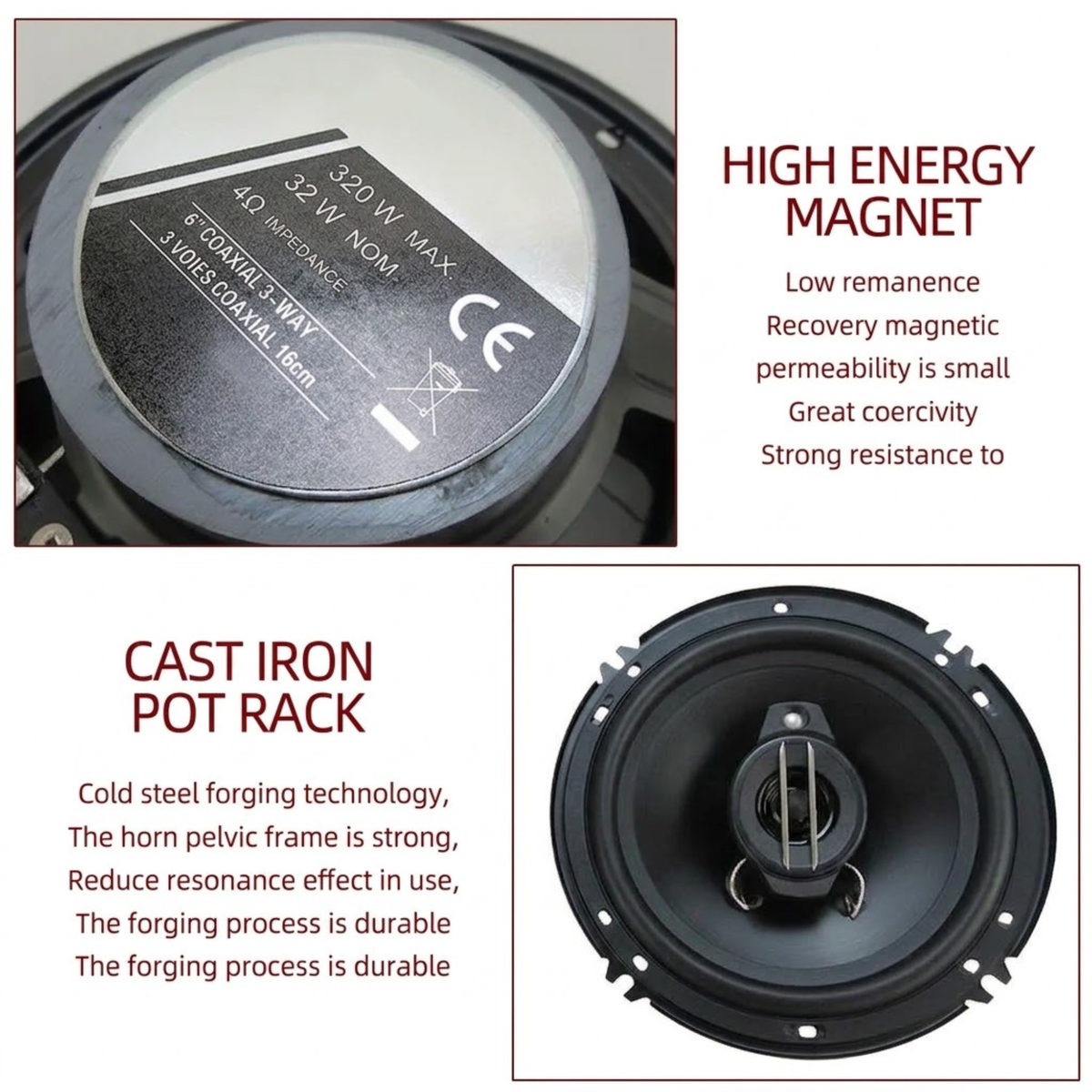 6-Inch 3-Way Coaxial Speakers close-ups of the magnet label and cast iron speaker basket