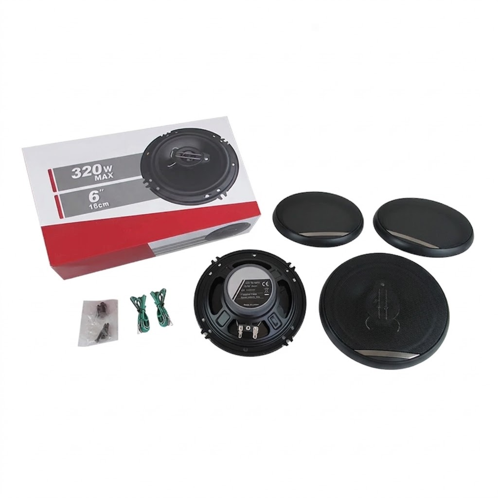 6-Inch 3-Way Coaxial Speakers retail box with speaker, two grilles and wiring accessories