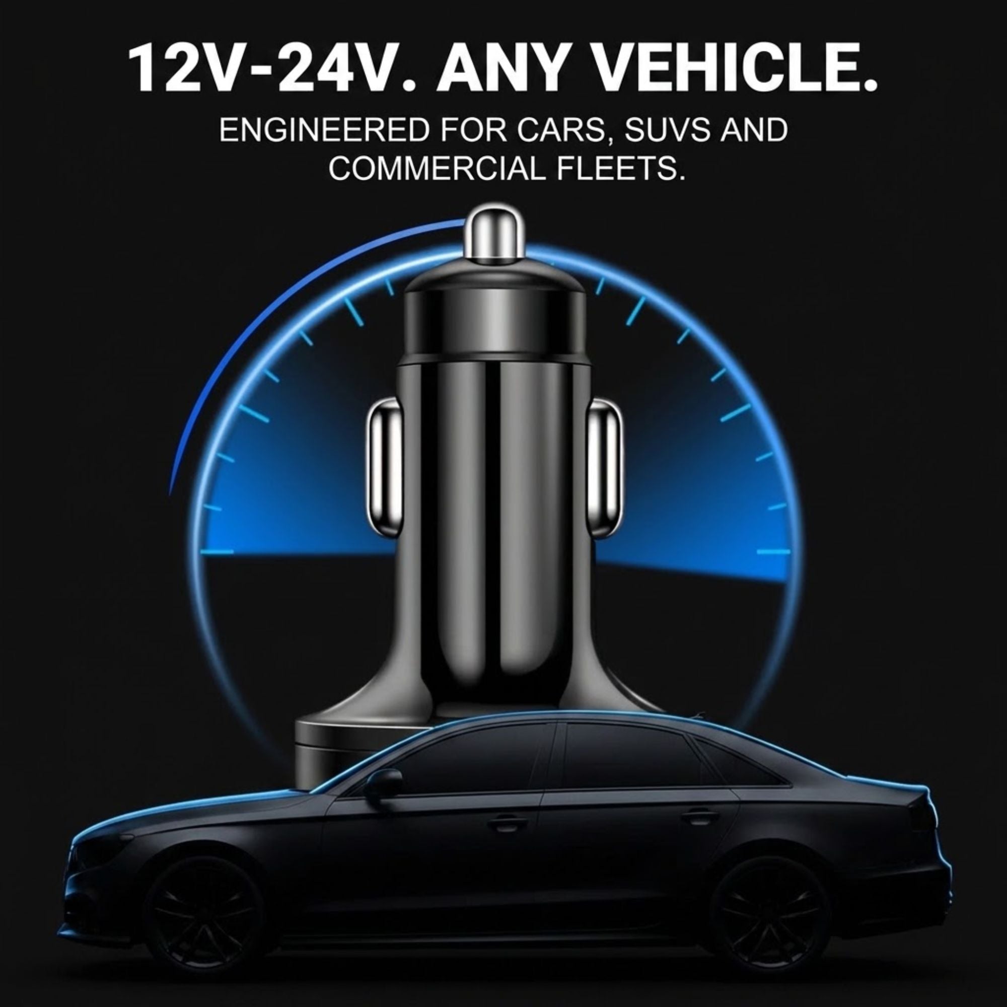 A black 12V-24V car cigarette lighter adapter with silver metal side accents, shown against a dark background with a blue circular tachometer graphic and a black car silhouette. White text at the top reads '12V-24V.