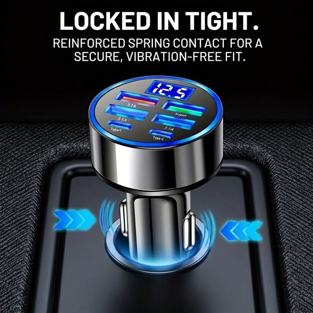 A car cigarette lighter charger with multiple USB-C ports, shown inserted into a car port. The product has a chrome and black finish with a blue LED display and glowing blue accents.