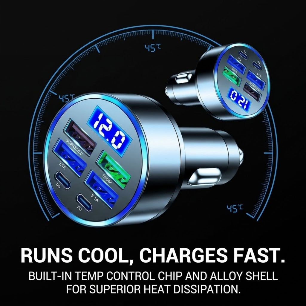 A car cigarette lighter dual USB charger with a digital temperature display on a black background, featuring promotional text about fast charging and built-in temperature control.