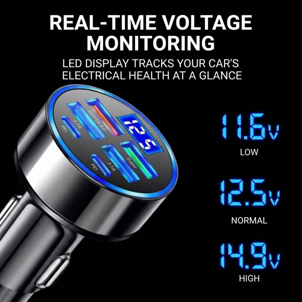 A car cigarette lighter style multi-port charger with a circular LED display showing battery voltage levels, set against a black background with text explaining real-time voltage monitoring.