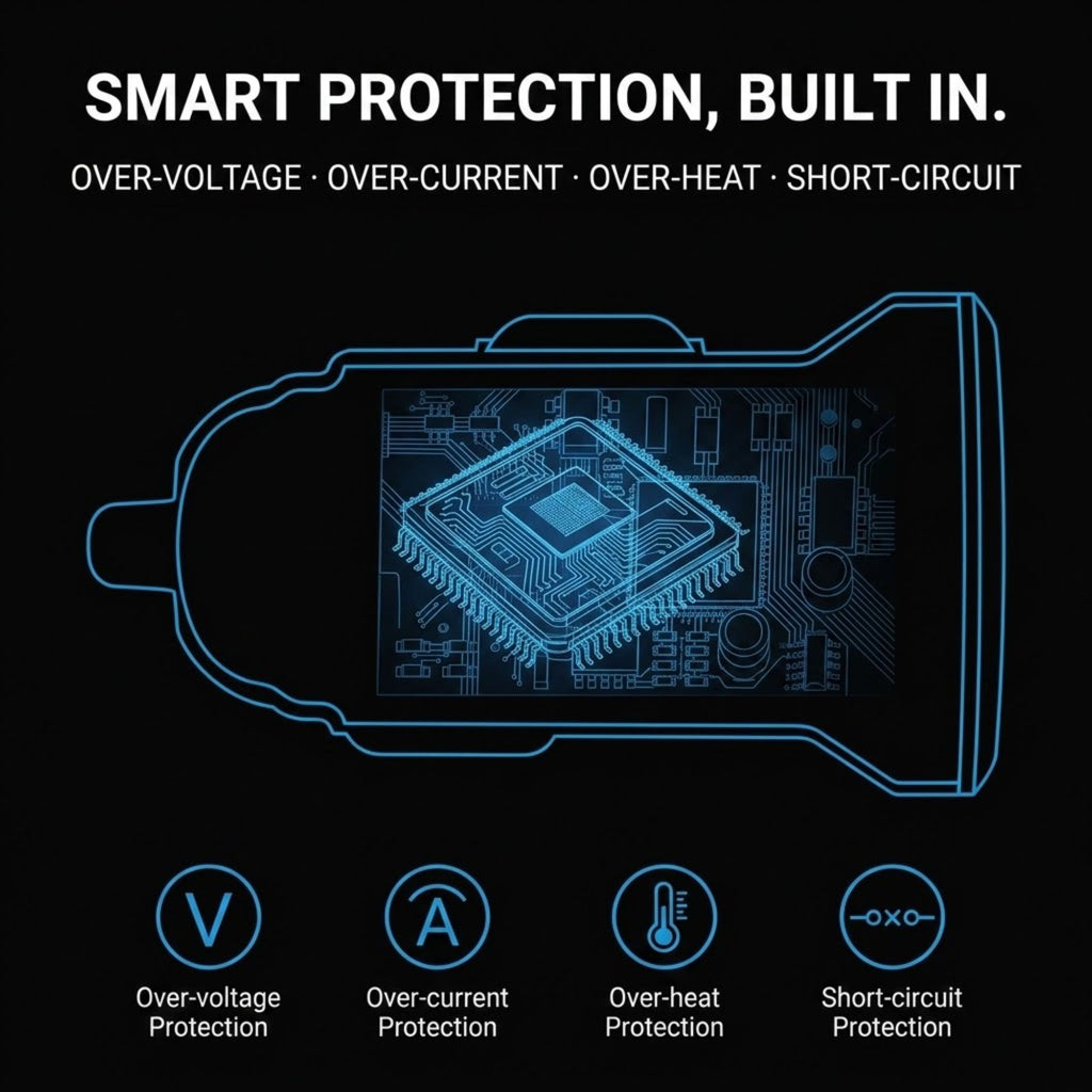 Promotional graphic for a smart protective device or module on a black background, with white headline text reading 'SMART PROTECTION, BUILT IN.' and blue line-art showing a circuitry chip inside the product.