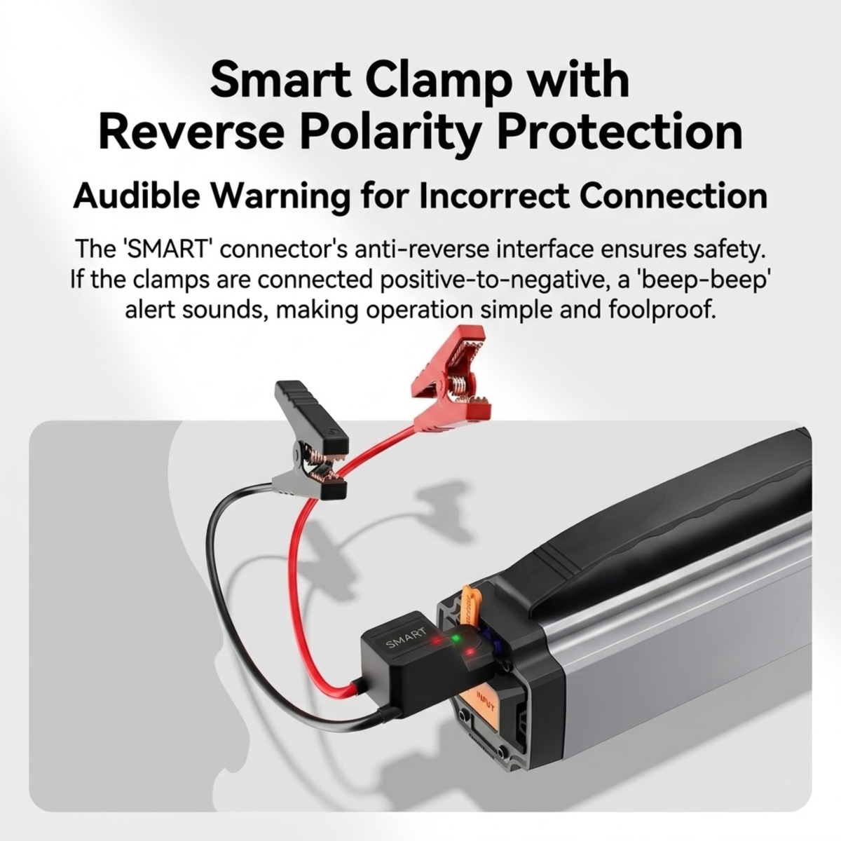 6-in-1 Jump Starter & Inflator smart clamp with reverse polarity protection and audible warning for incorrect connection