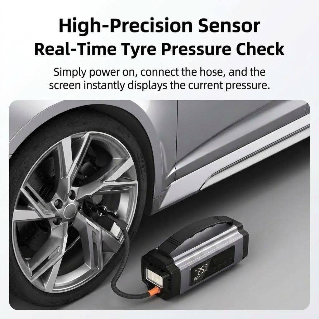 6-in-1 Jump Starter & Inflator connected to a car tyre with its digital screen displaying real-time tyre pressure