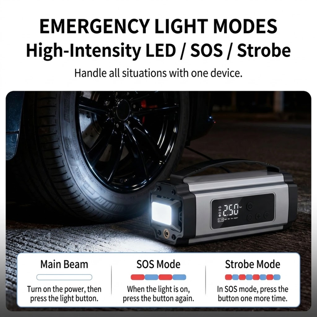 6-in-1 Jump Starter & Inflator LED emergency light beside a car wheel at night, with main beam, SOS and strobe modes