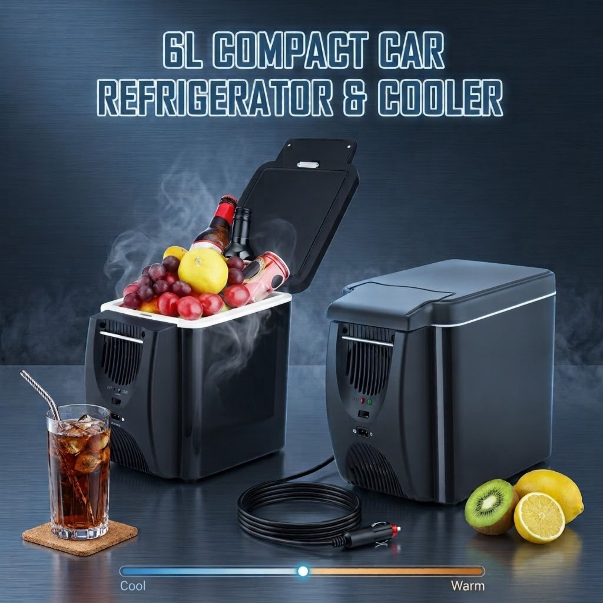 6L Compact Car Refrigerator and Cooler with lid open showing chilled drinks and fruit, cool to warm slider
