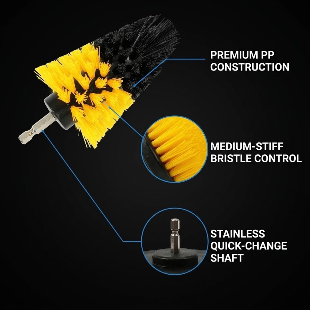 A car brush cleaner with yellow and black bristles on a black background, with three callout graphics and text explaining premium PP construction, medium-stiff bristle control, and a stainless quick-change shaft.