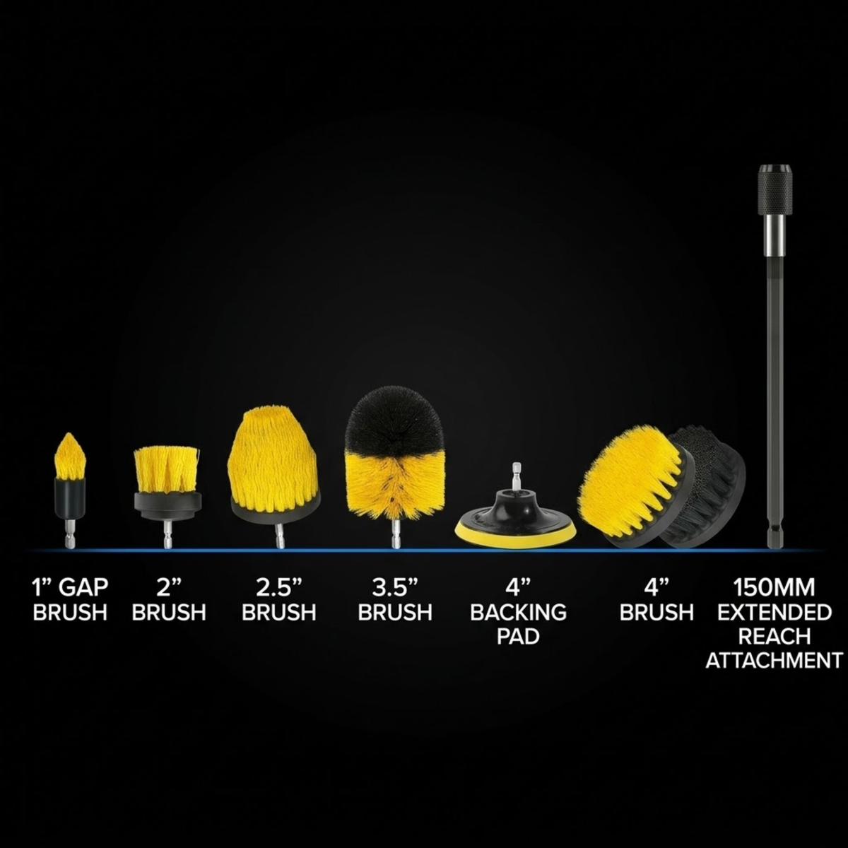 A set of black and yellow car waxing and polishing brushes with a 150mm extended reach attachment, displayed on a black background with size labels.