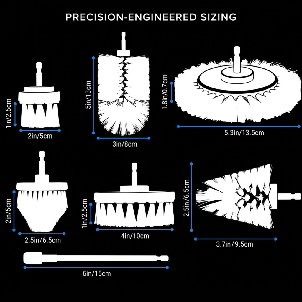 White line drawings of multiple brush heads with labeled dimensions on a black background, under the heading 'PRECISION-ENGINEERED SIZING'.