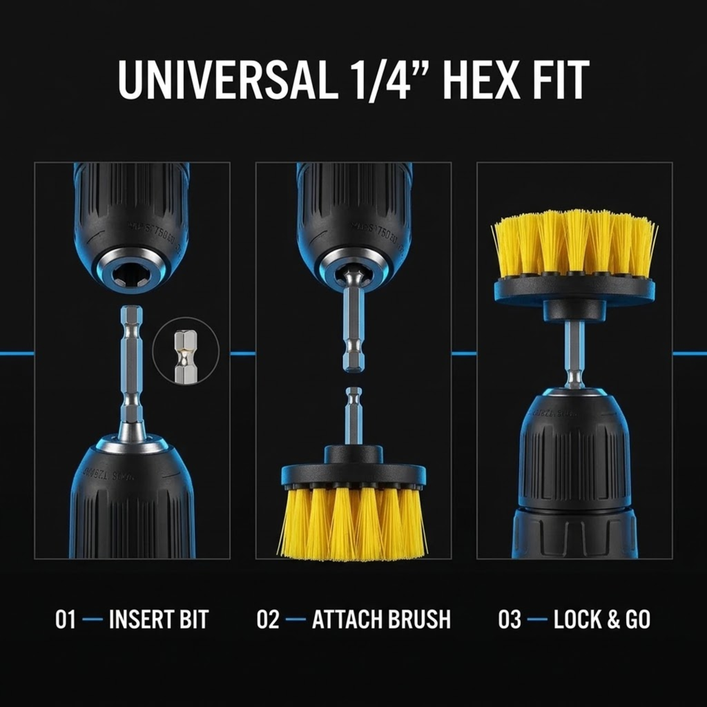 Instruction graphic showing a universal 1/4-inch hex fit brush attachment for a cordless drill. The image displays three steps on a black background: 01 Insert Bit, 02 Attach Brush, and 03 Lock & Go, with white text and blue accent lines.