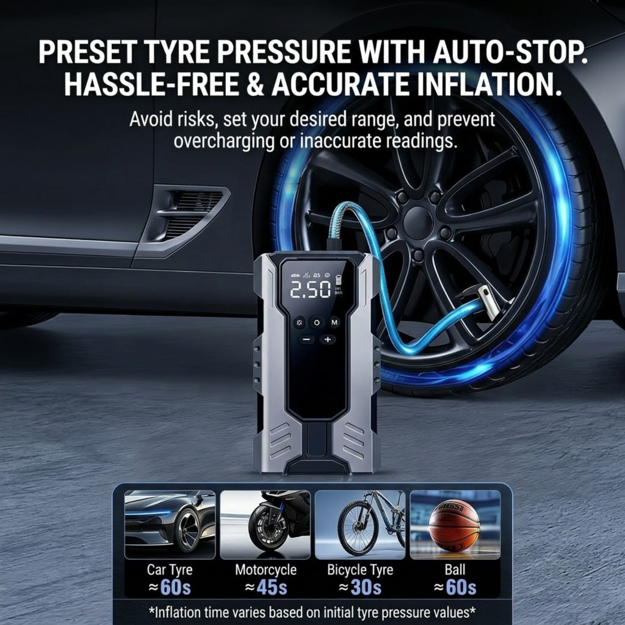 A digital tire inflator pump with a black and silver body stands in front of a car wheel, with a blue-tinted air hose connected. Large marketing text at the top describes preset tire pressure and auto-stop inflation, and a small feature panel at the bottom lists inflation times for car tires, motorcycles, bicycles, and balls.