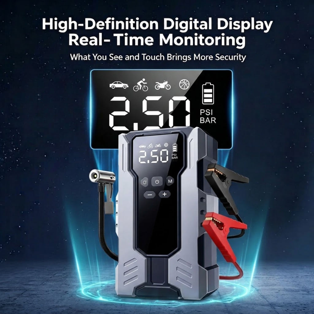 A portable car jump starter and multi-tool device with a digital display showing 2.50 PSI and red/black clamps, set against a dark blue starry background with glowing blue effects and marketing text.