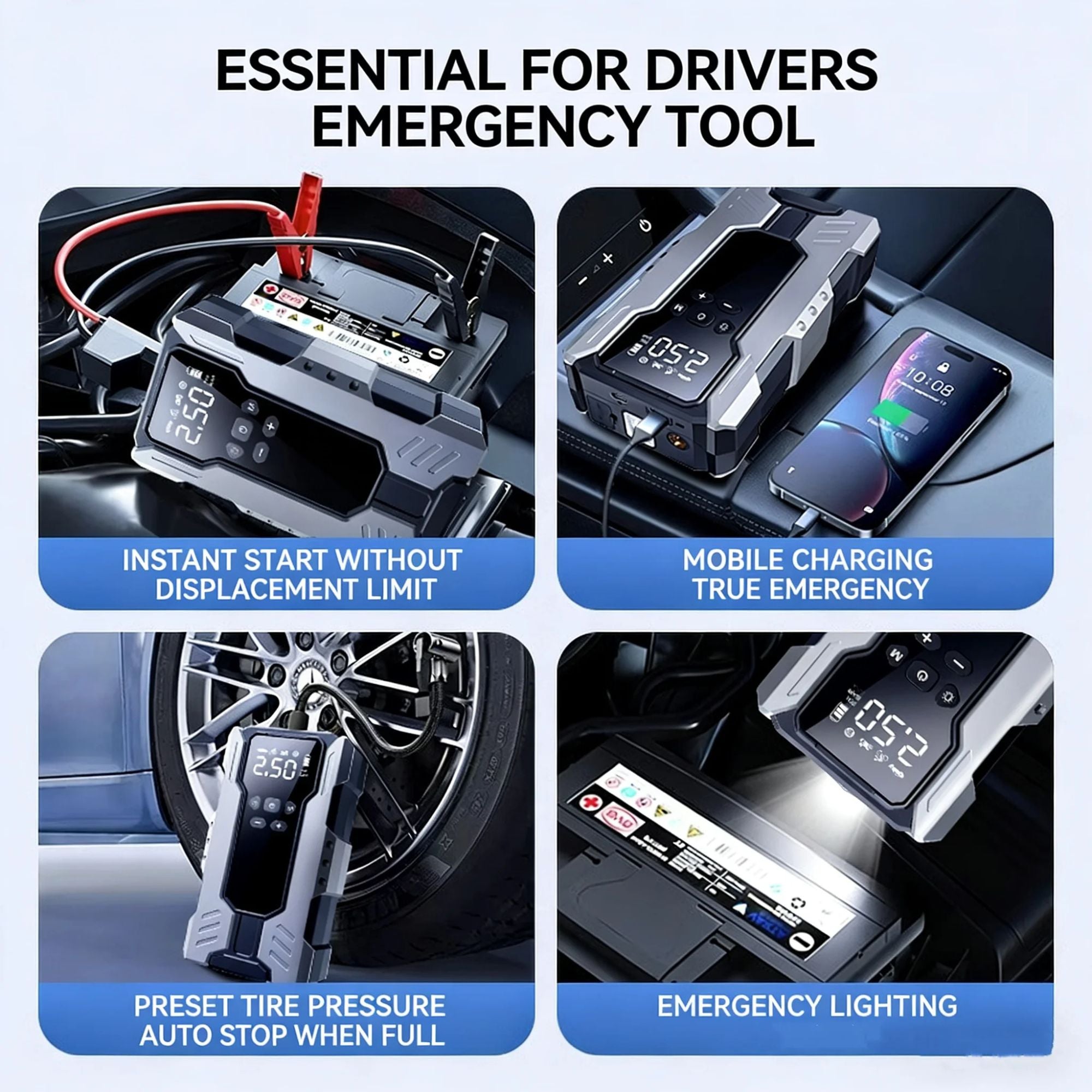 A promotional collage for an emergency car tool with four panels showing its use: starting a car without displacement, mobile charging a phone, preset tire pressure, and emergency lighting. The product is a compact digital multimeter-style emergency car tool with a digital display screen.
